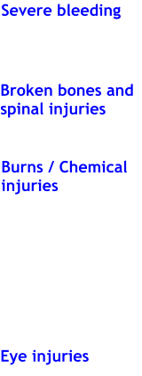 Severe bleeding Broken bones and spinal injuries Burns / Chemical injuries Eye injuries