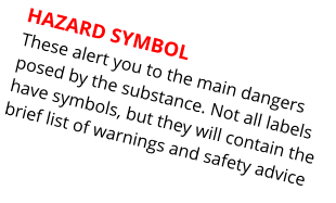 HAZARD SYMBOL These alert you to the main dangers posed by the substance. Not all labels have symbols, but they will contain the brief list of warnings and safety advice